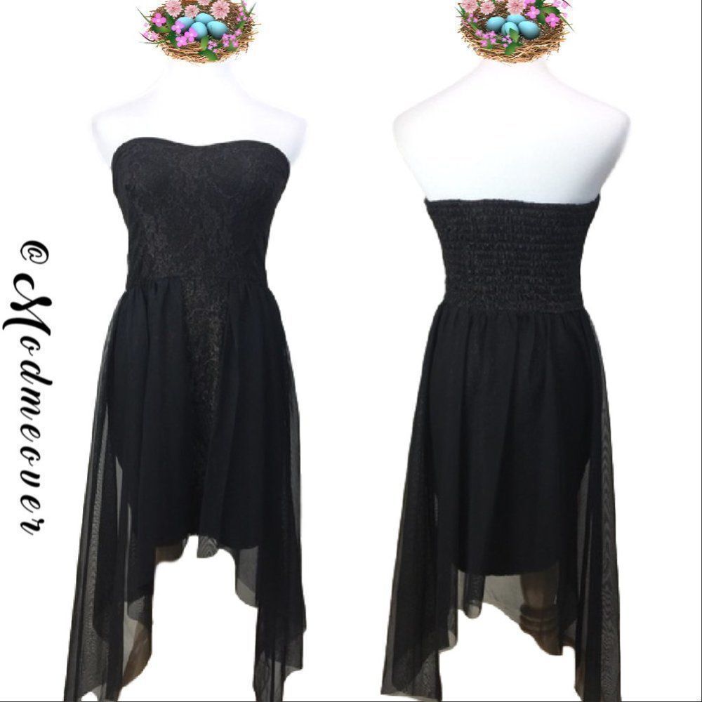 YOU Strapless Party Dress Black & Gold Lace & Tulle Shark Bite Hem ~ SZ S ~ NEW